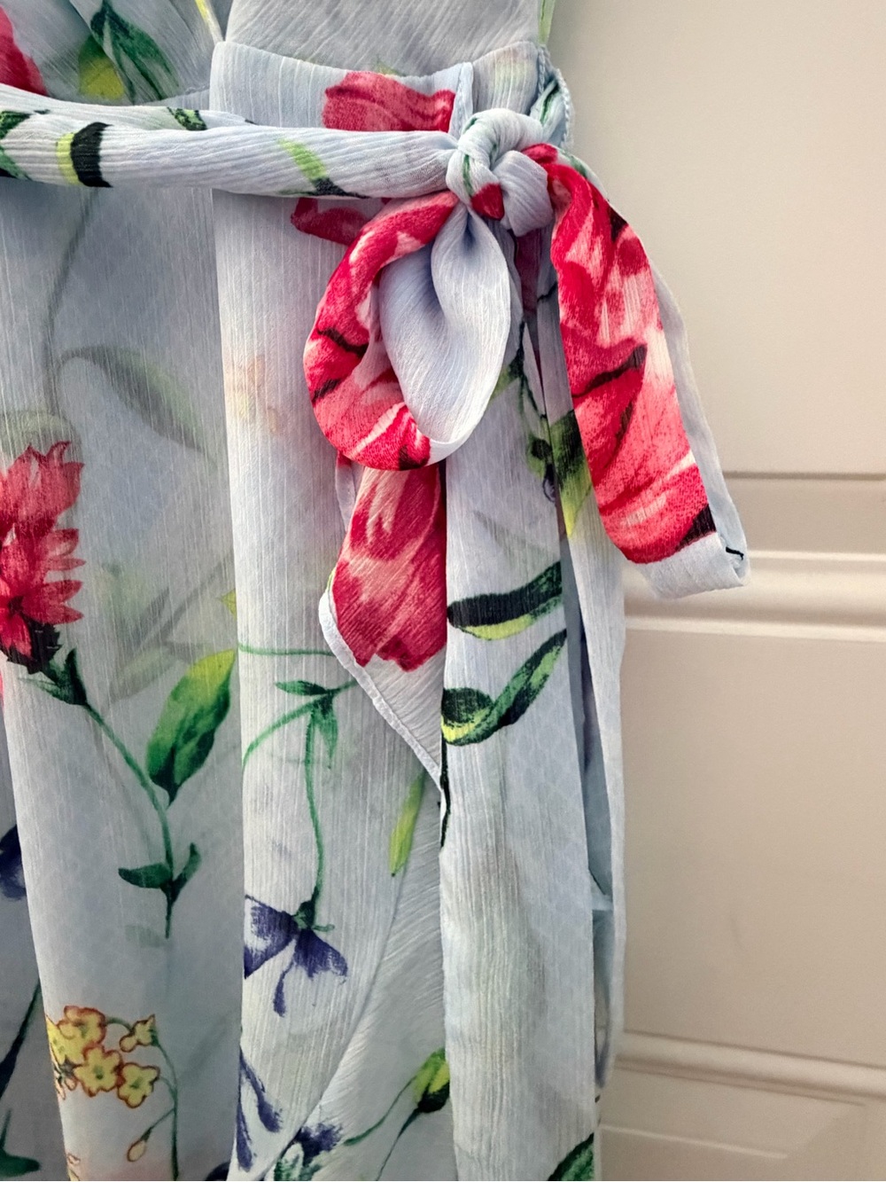 White House Black Market Light Blue Ruffle Floral High-Low Wrap Dress - Picture 8 of 15